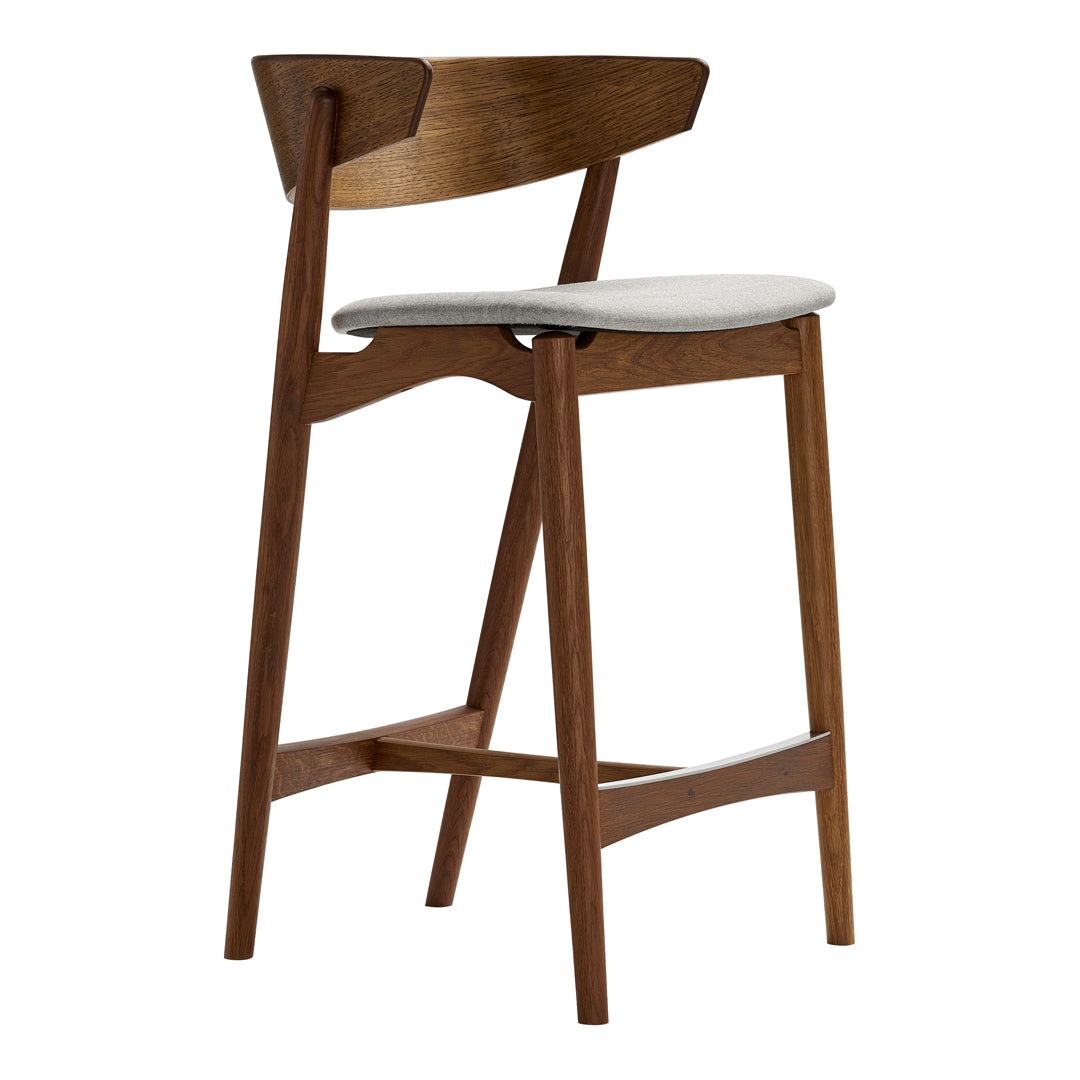 Stylish wooden bar stool in rich brown with a light gray cushioned seat, featuring a sleek, minimalist design.