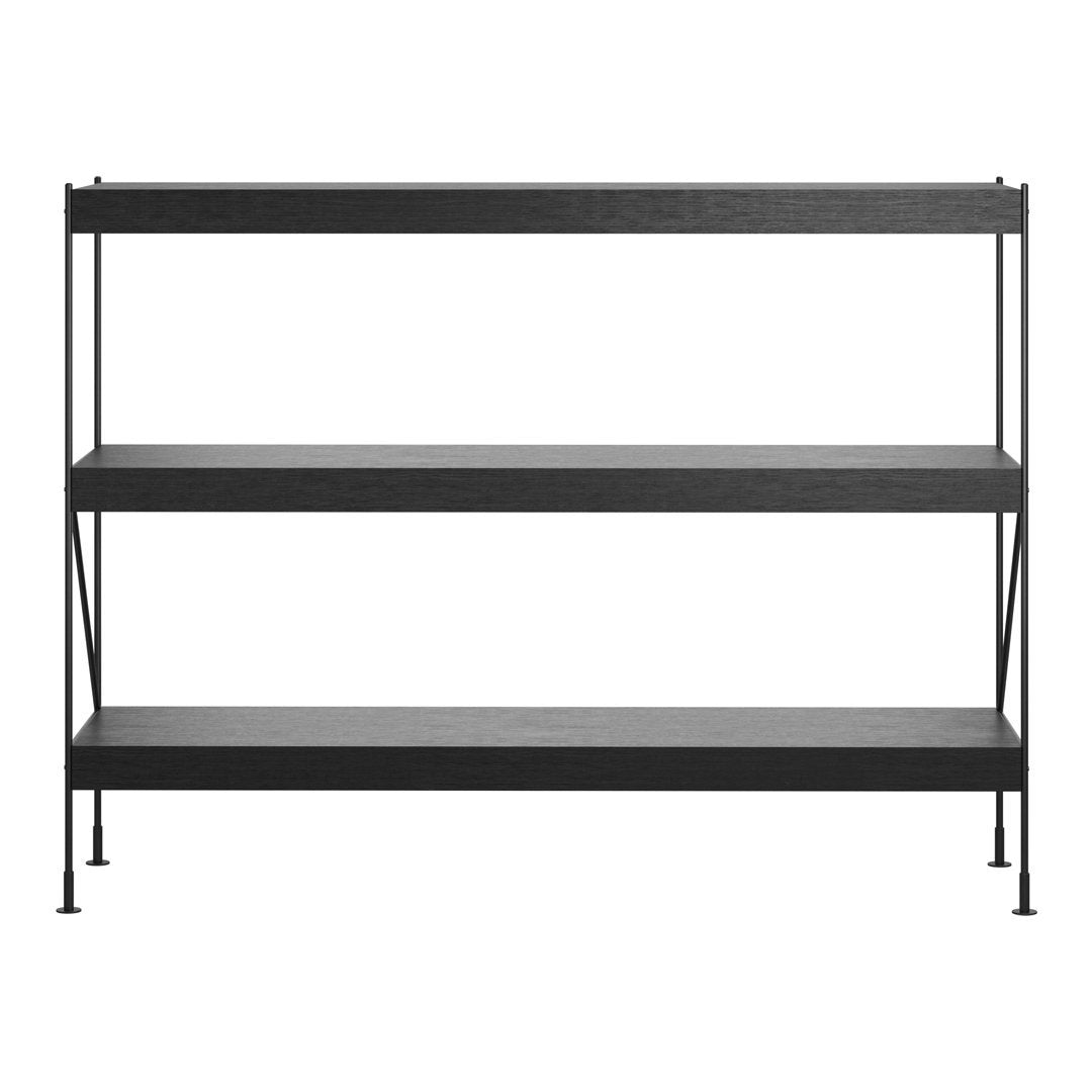 Black industrial shelving unit with three open shelves and a minimalist design, perfect for modern decor.