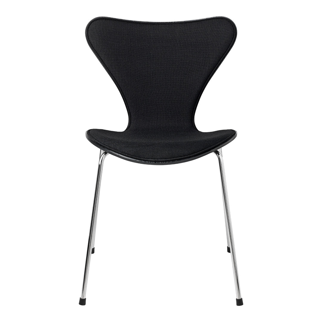 Black modern chair with a sleek, curved design and chrome legs, perfect for contemporary interiors.