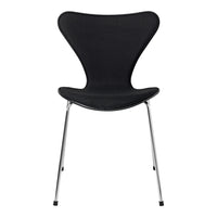 Black modern chair with a sleek, curved design and chrome legs, perfect for contemporary interiors.