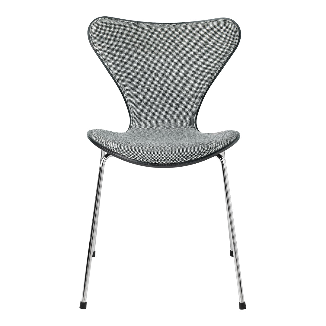 Gray upholstered chair with a smooth, curved design and chrome legs. Ideal for modern decor and minimalist style.