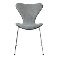 Gray upholstered chair with a smooth, curved design and chrome legs. Ideal for modern decor and minimalist style.