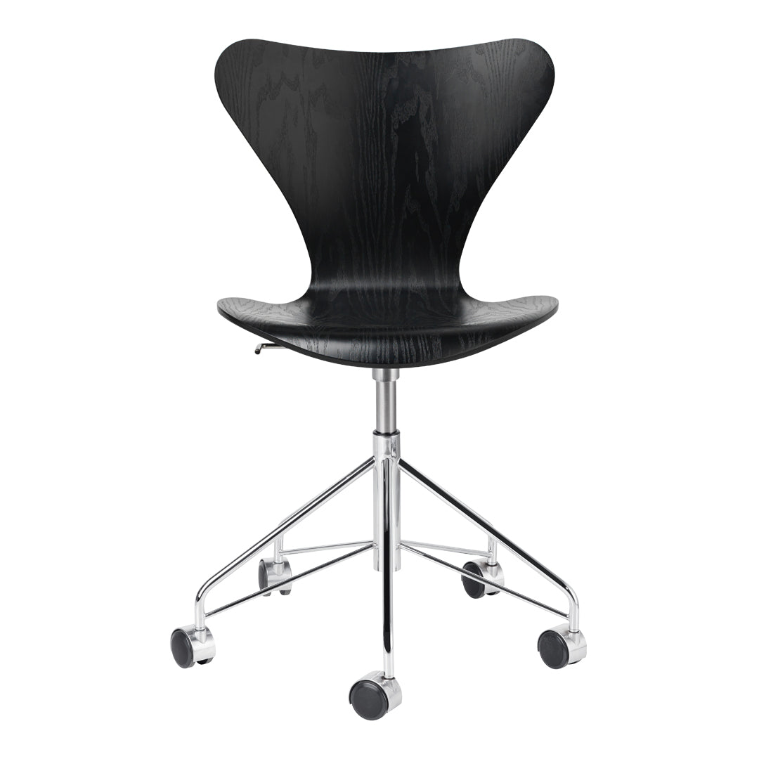Black wooden chair with a sleek butterfly design and chrome base, featuring smooth curves and a minimalist aesthetic.