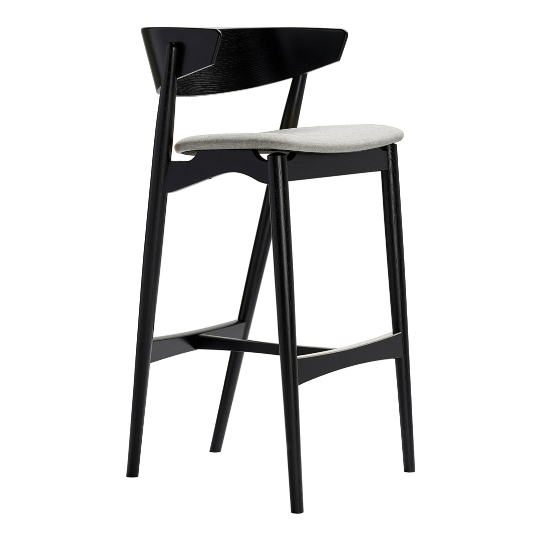 Black wooden bar stool with a gray cushioned seat and minimalist design. Ideal for modern decor.
