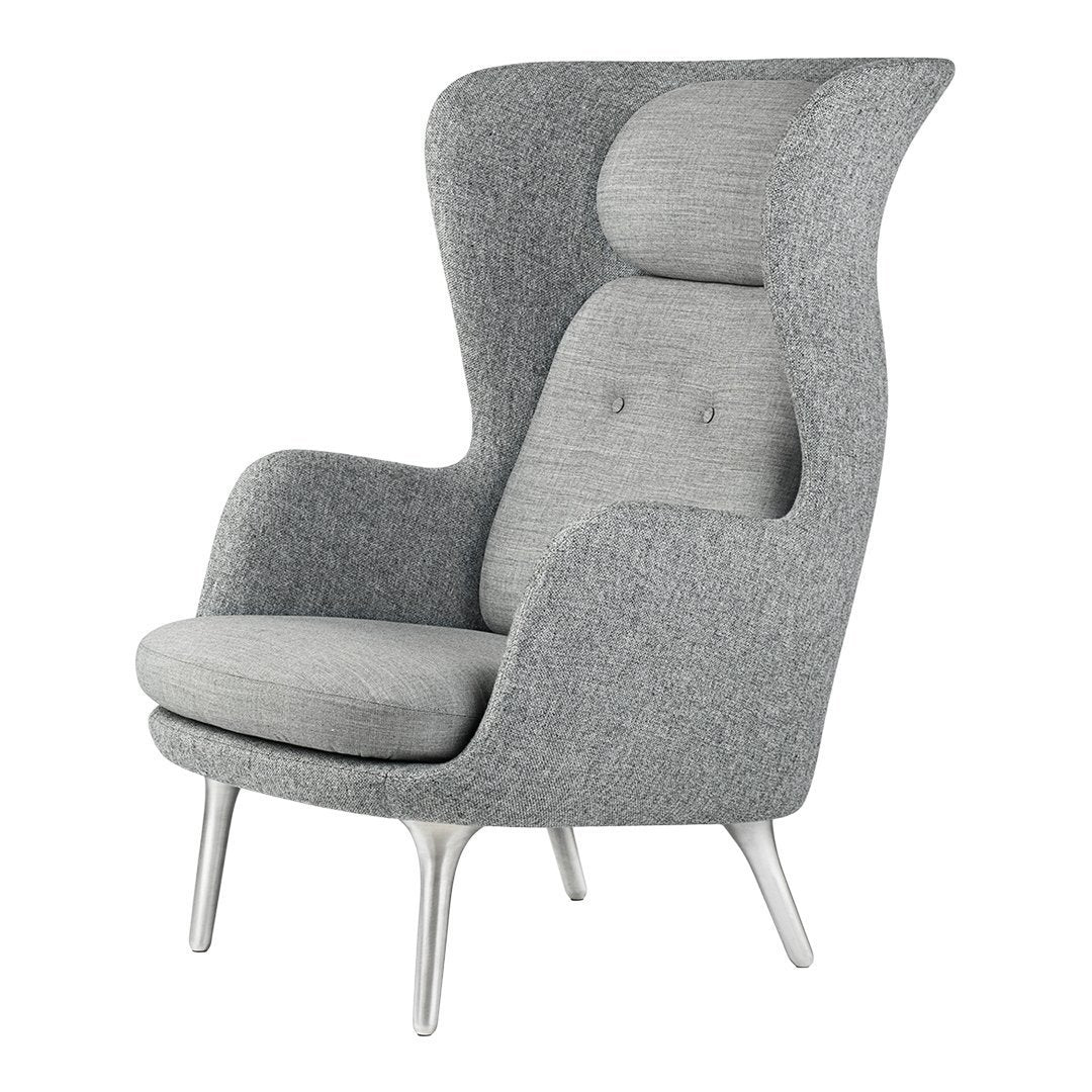 Gray upholstered high-back chair with two-tone fabric and minimalist design, featuring sleek white legs.