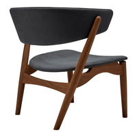 Modern black chair with a minimalist design and wooden legs, featuring smooth lines and elegant curves.