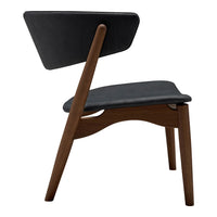 Mid-century modern chair featuring a sleek black seat and backrest with rich walnut wood legs.