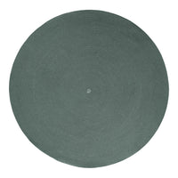 Round green woven rug with a textured design; perfect for modern and rustic decor styles.