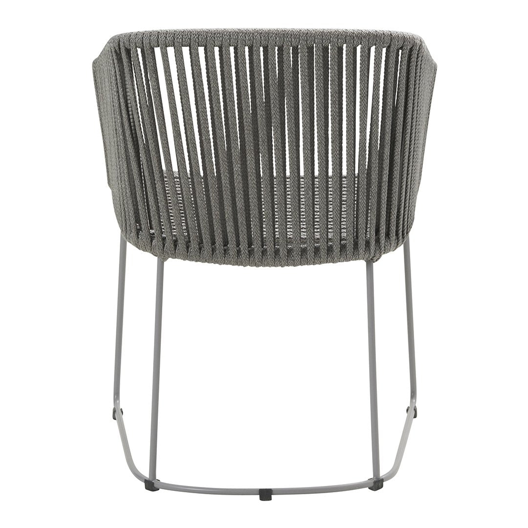 Gray woven chair with vertical stripes and slim metal legs, perfect for modern decor.