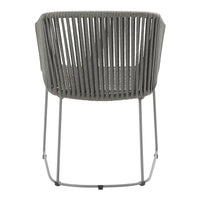Gray woven chair with vertical stripes and slim metal legs, perfect for modern decor.