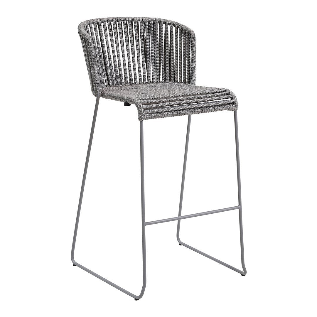 Gray woven bar stool with sleek metal legs and modern design. Perfect for contemporary indoor or outdoor spaces.