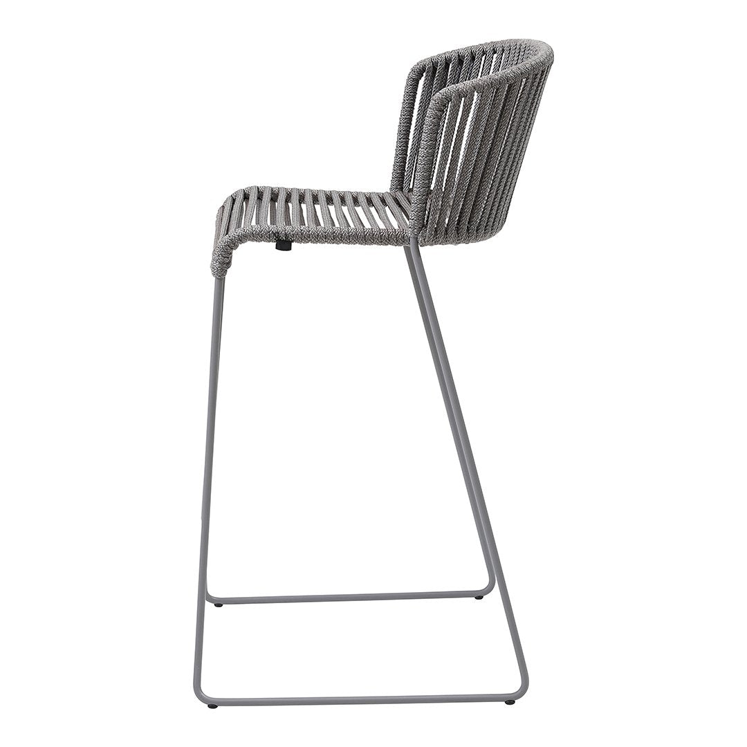 Gray woven bar stool with a modern striped pattern and sleek metal frame, ideal for contemporary decor.