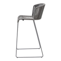 Gray woven bar stool with a modern striped pattern and sleek metal frame, ideal for contemporary decor.