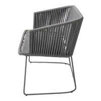 Gray woven armchair with a modern striped pattern and minimalistic metal legs. Perfect for contemporary decor.