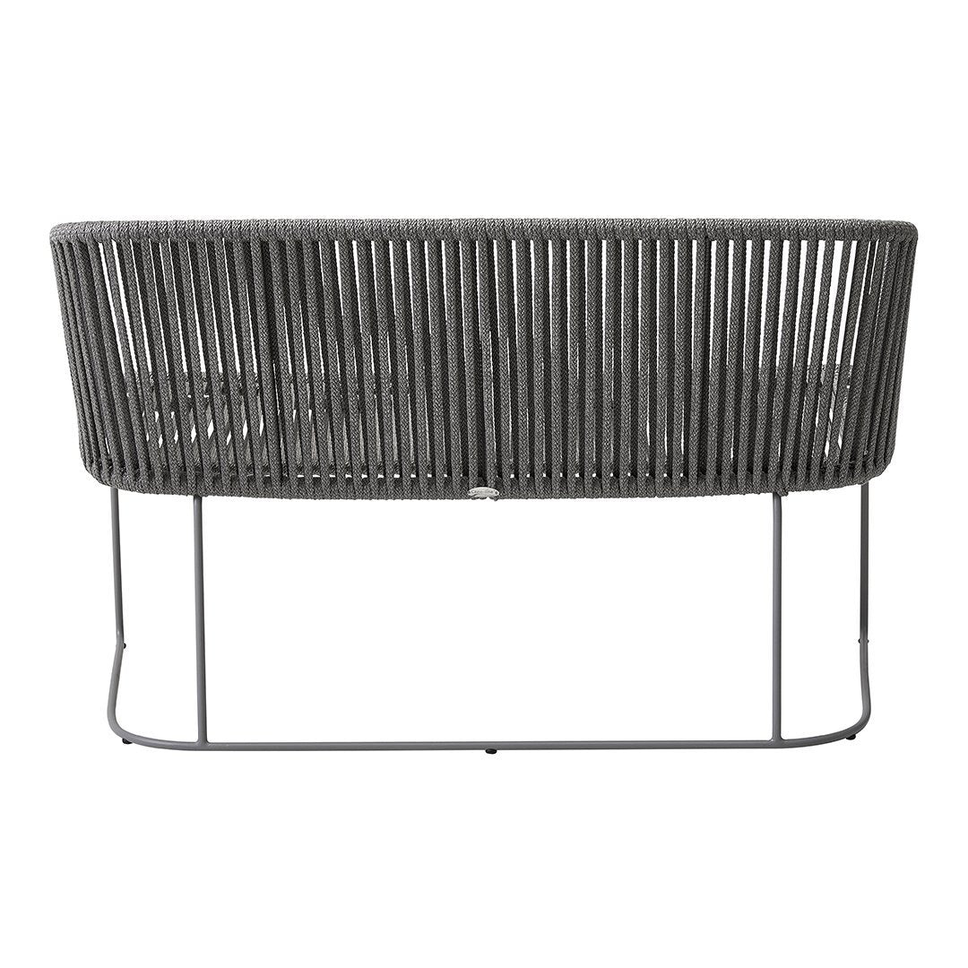 Gray woven outdoor sofa with a sleek, modern design and vertical line pattern. Perfect for contemporary patios.
