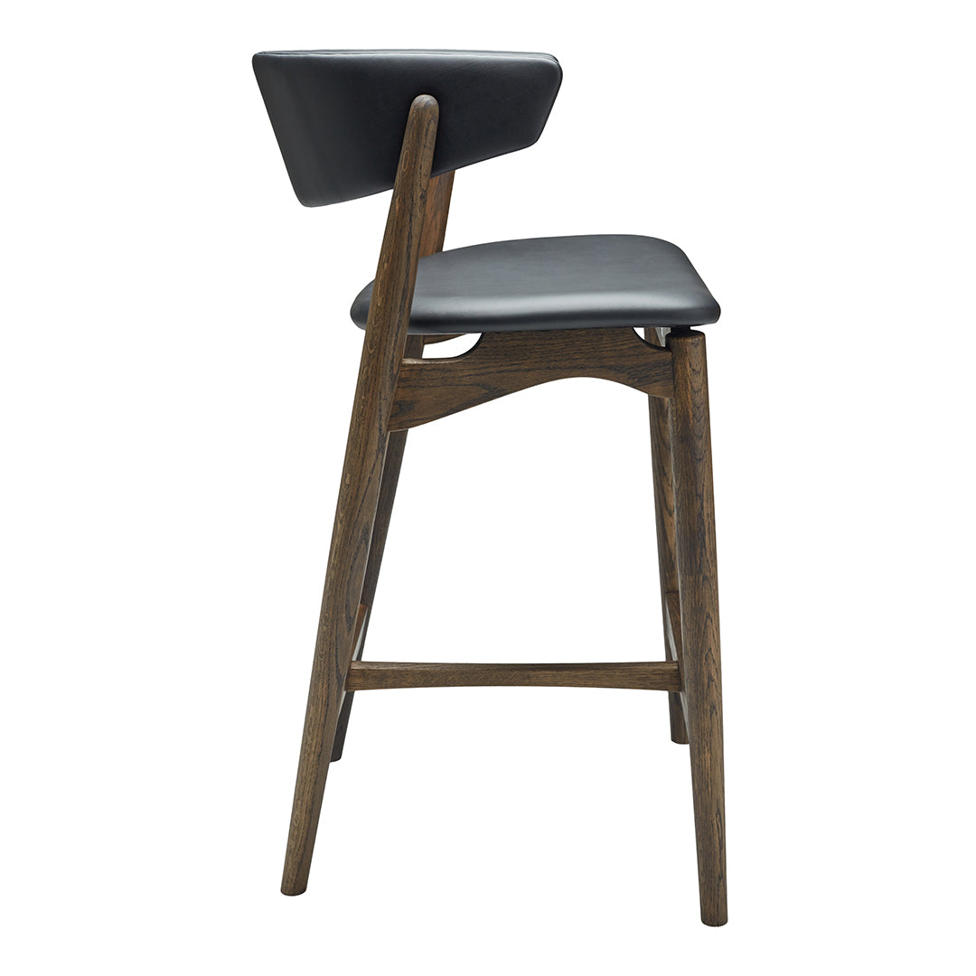Sleek black upholstered bar stool with a dark wood frame, featuring a modern design and clean lines.