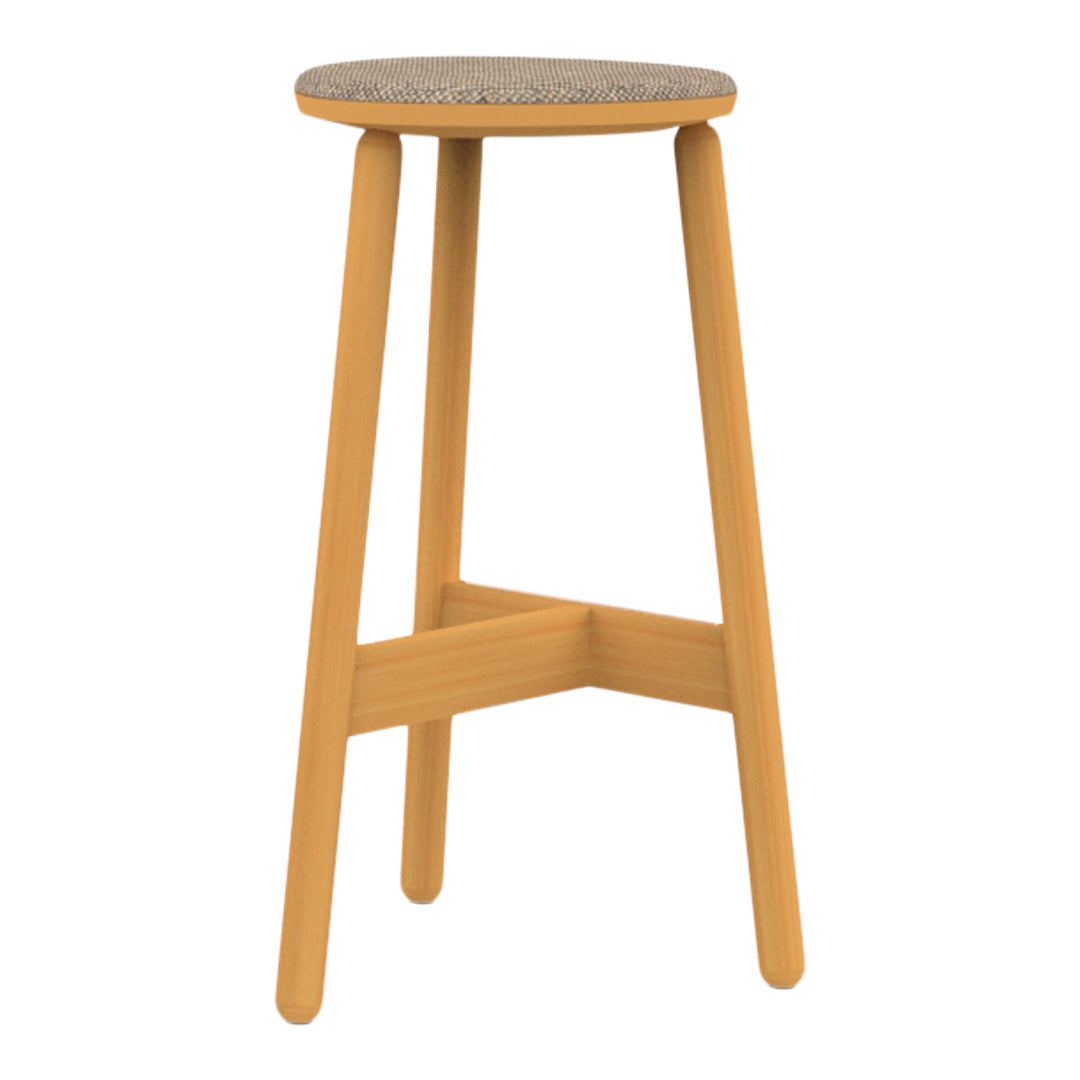 Natural wood stool with a beige patterned seat, showcasing a modern, minimalist design.