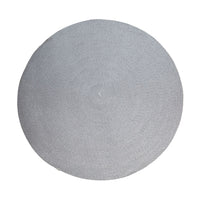 Round gray rug with a textured pattern, ideal for modern home decor. Subtle color adds elegance to any space.