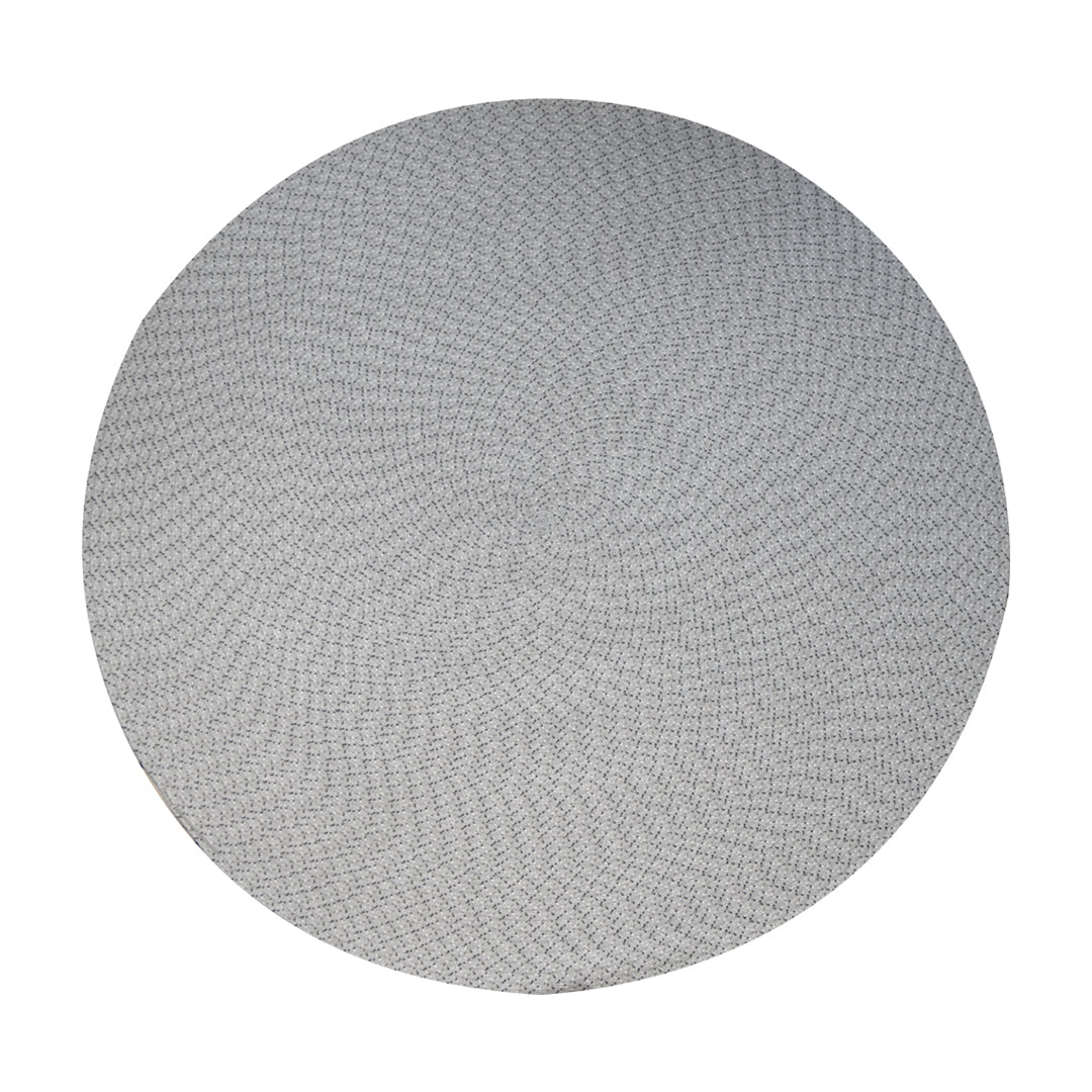 Gray circular woven placemat featuring a subtle spiral pattern. Ideal for modern dining decor.