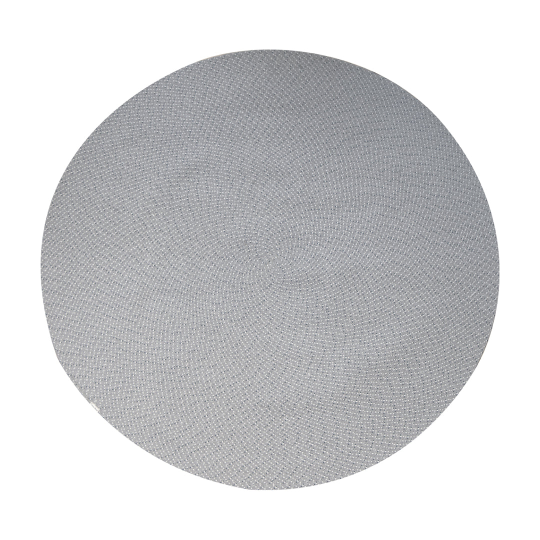 Gray round placemat with a textured pattern, perfect for modern dining.