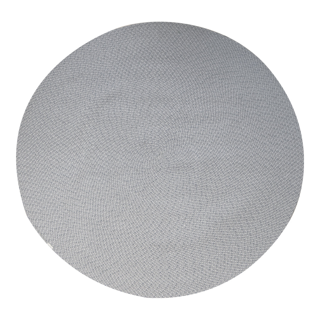 Round silver placemat featuring a subtle woven texture, perfect for modern dining decor.