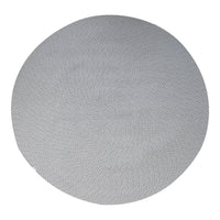 Round silver placemat featuring a subtle woven texture, perfect for modern dining decor.