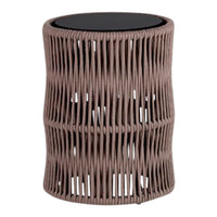 Round, woven side table in soft taupe with a sleek black top, featuring an open, modern pattern. Perfect for any decor.