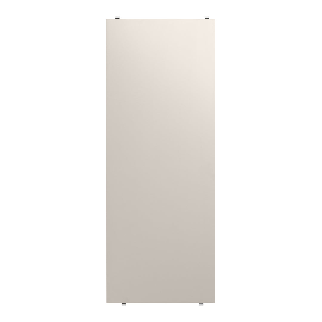 Minimalist rectangular wall mirror in a soft beige tone with a smooth, reflective surface.