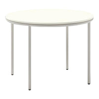 Round table in a sleek, solid white finish with minimalist design and clean lines. Perfect for modern decor.