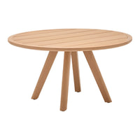Round wooden table in warm beige with horizontal slat pattern and tapered legs. Ideal for modern decor.