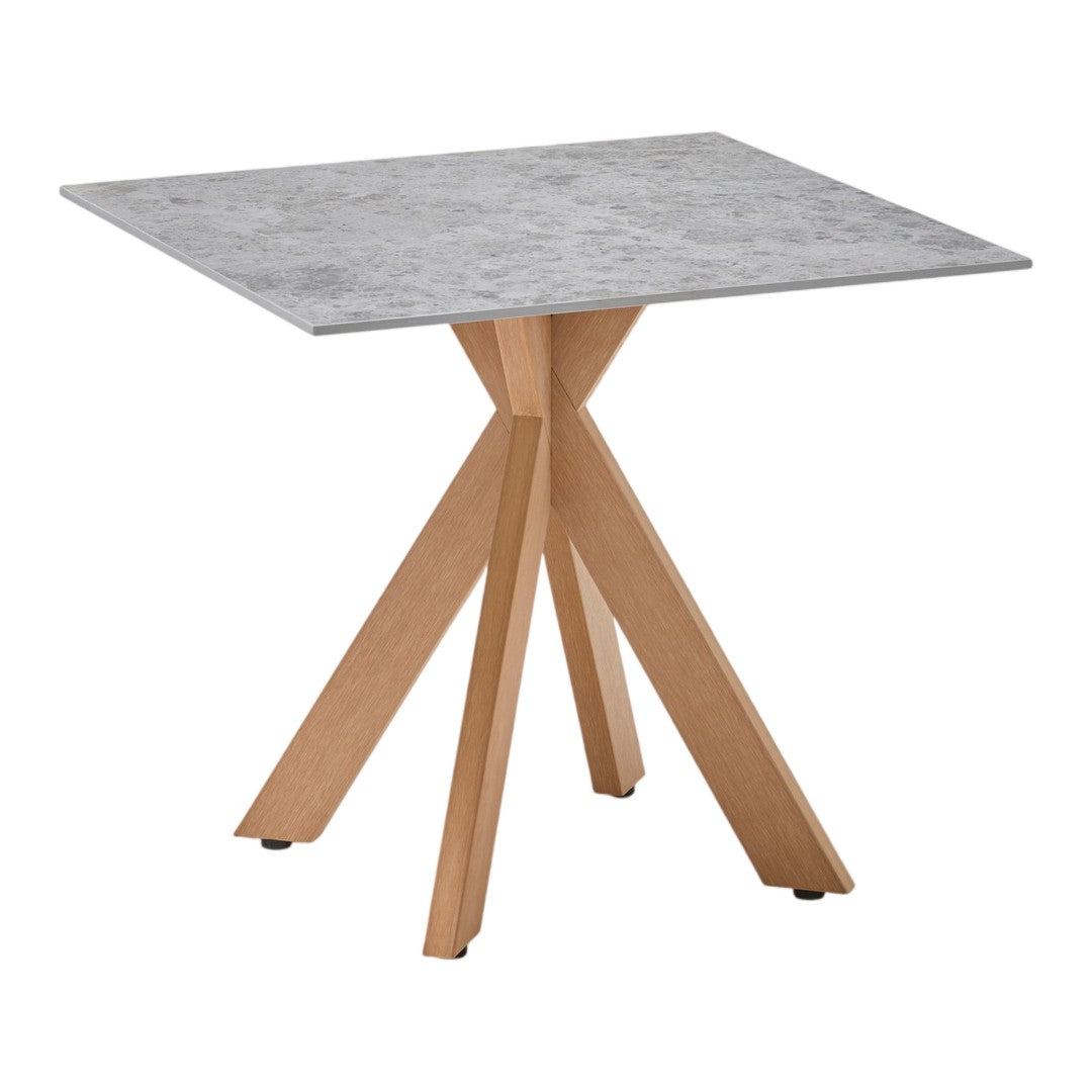 Gray square tabletop with a natural wood base featuring a modern, angular design. Perfect for contemporary decor.