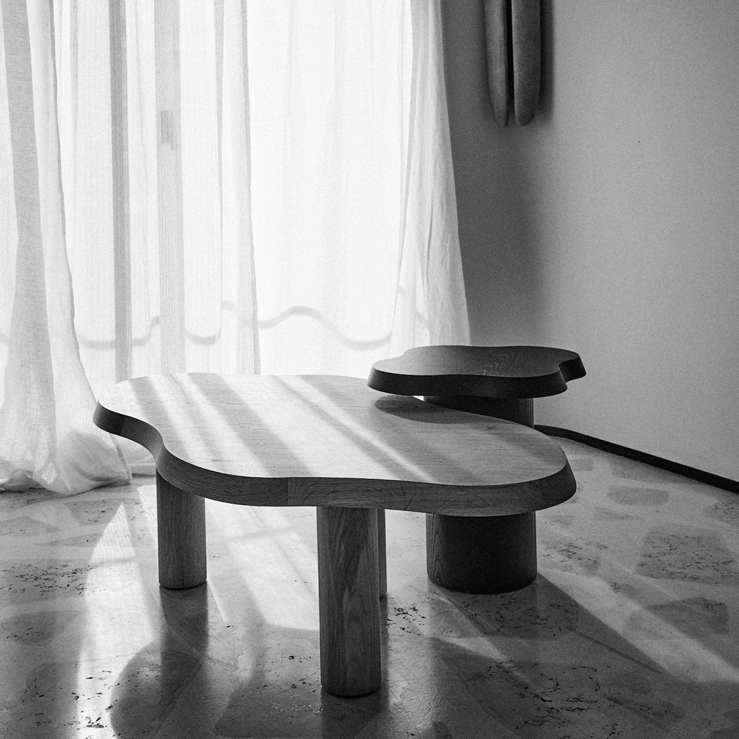 Stylish black and white coffee table with flowing organic shapes and contrasting round and rectangular surfaces.