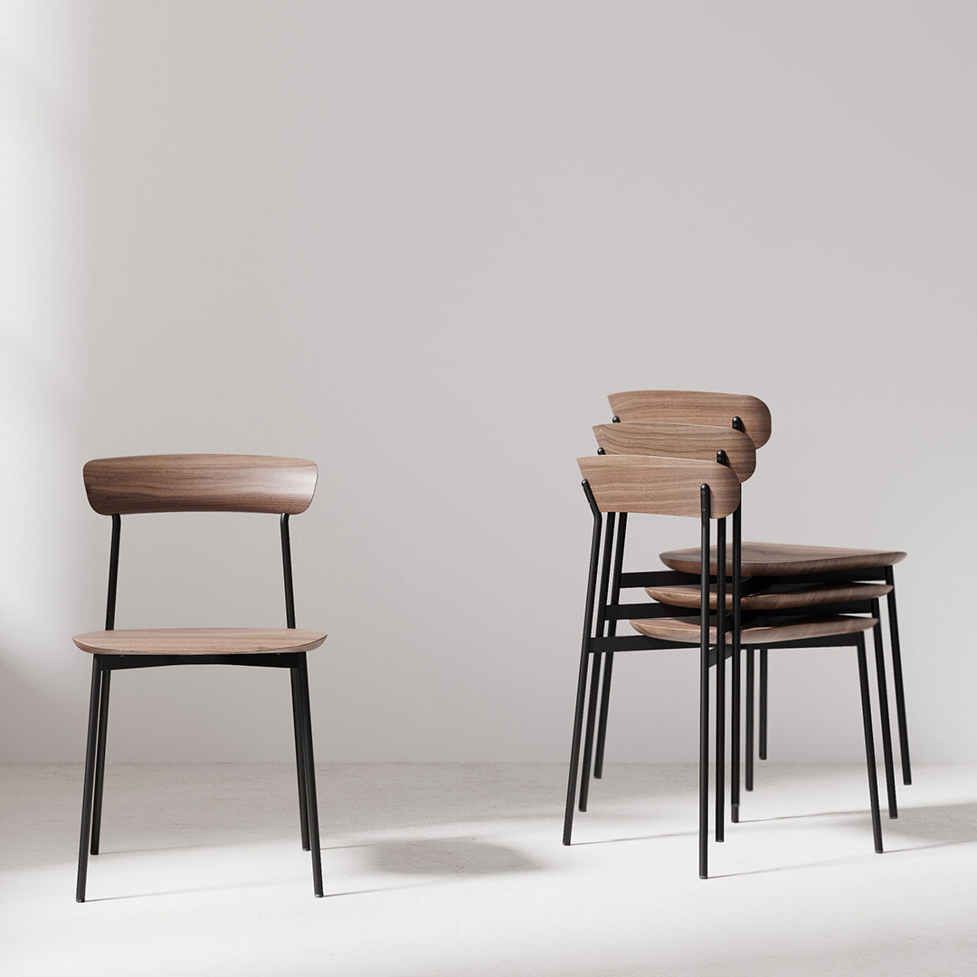 Light wood grain tabletop with a smooth finish, complemented by sleek silver metal bases. Modern and minimalistic design.
