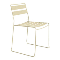Cream-striped metal chair with a sleek, minimalist design, perfect for modern decor.