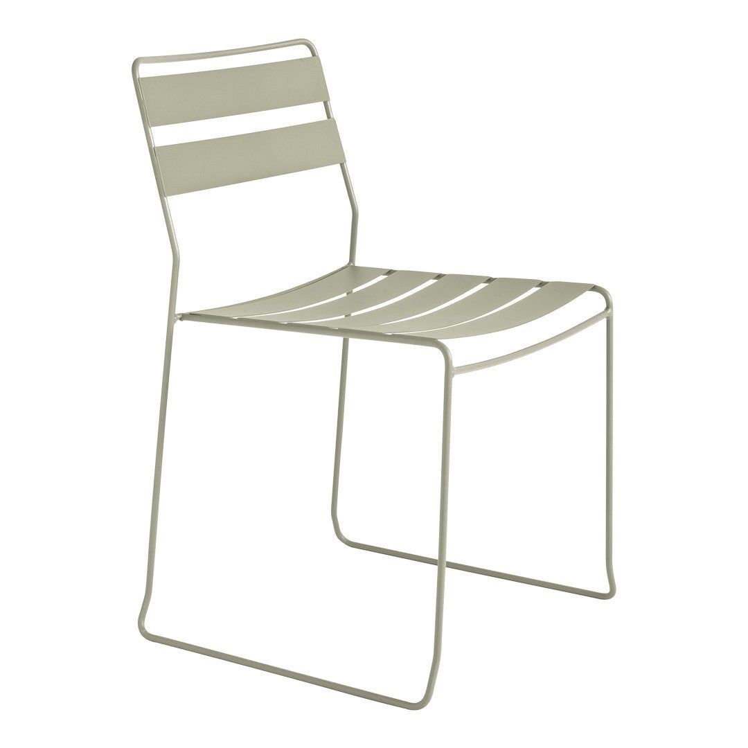 Stylish light green metal chair with sleek horizontal stripes and a minimalist design, perfect for modern decor.