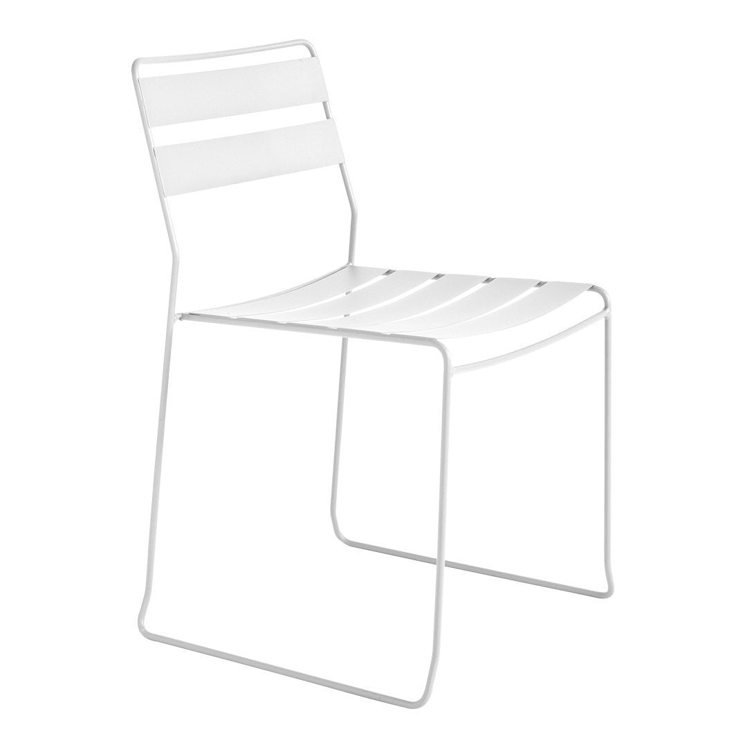 White minimalist chair with sleek lines and slatted design, perfect for modern decor.