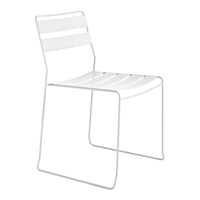 White minimalist chair with sleek lines and slatted design, perfect for modern decor.