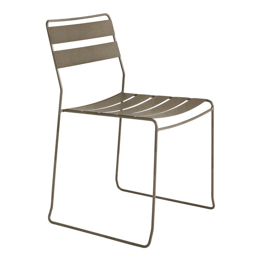 Light taupe dining chair with minimalist striped pattern and sleek metal frame, perfect for modern decor.