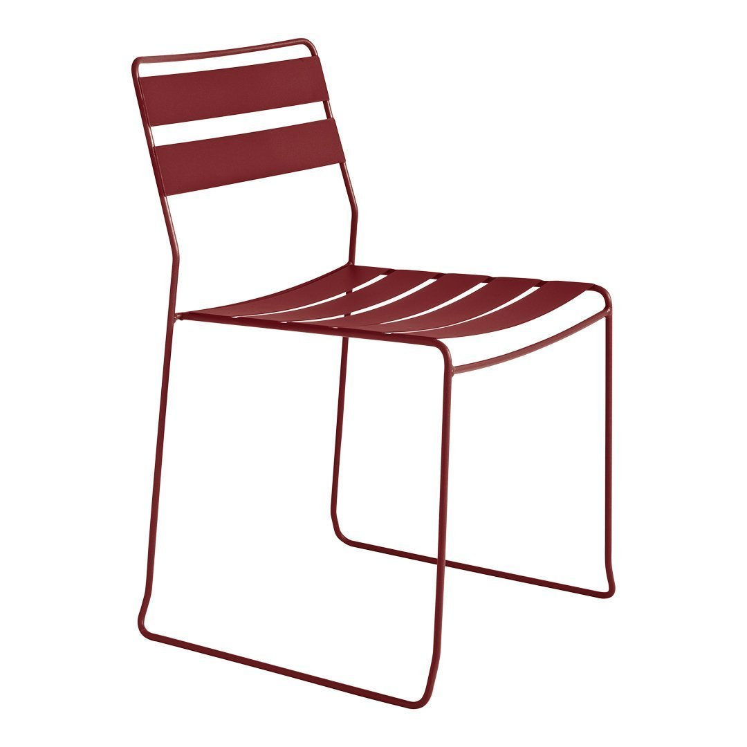 Red striped metal chair with a modern, minimalist design and a sleek, open framework. Perfect for outdoor settings.