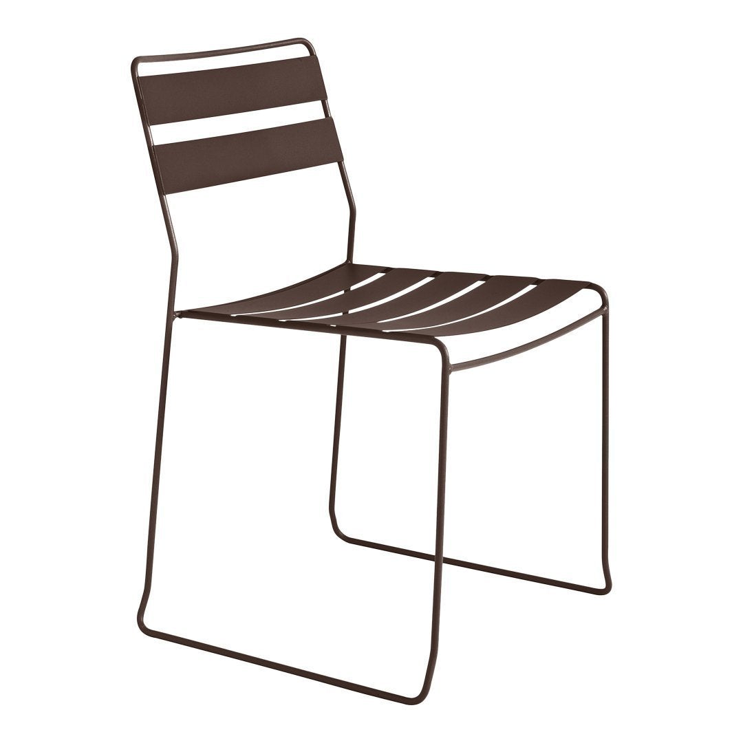 Brown metal chair with a modern striped design and minimalist silhouette, perfect for outdoor or indoor use.