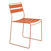 Orange metal chair with a sleek, modern design featuring horizontal stripe patterns. Perfect for contemporary spaces.