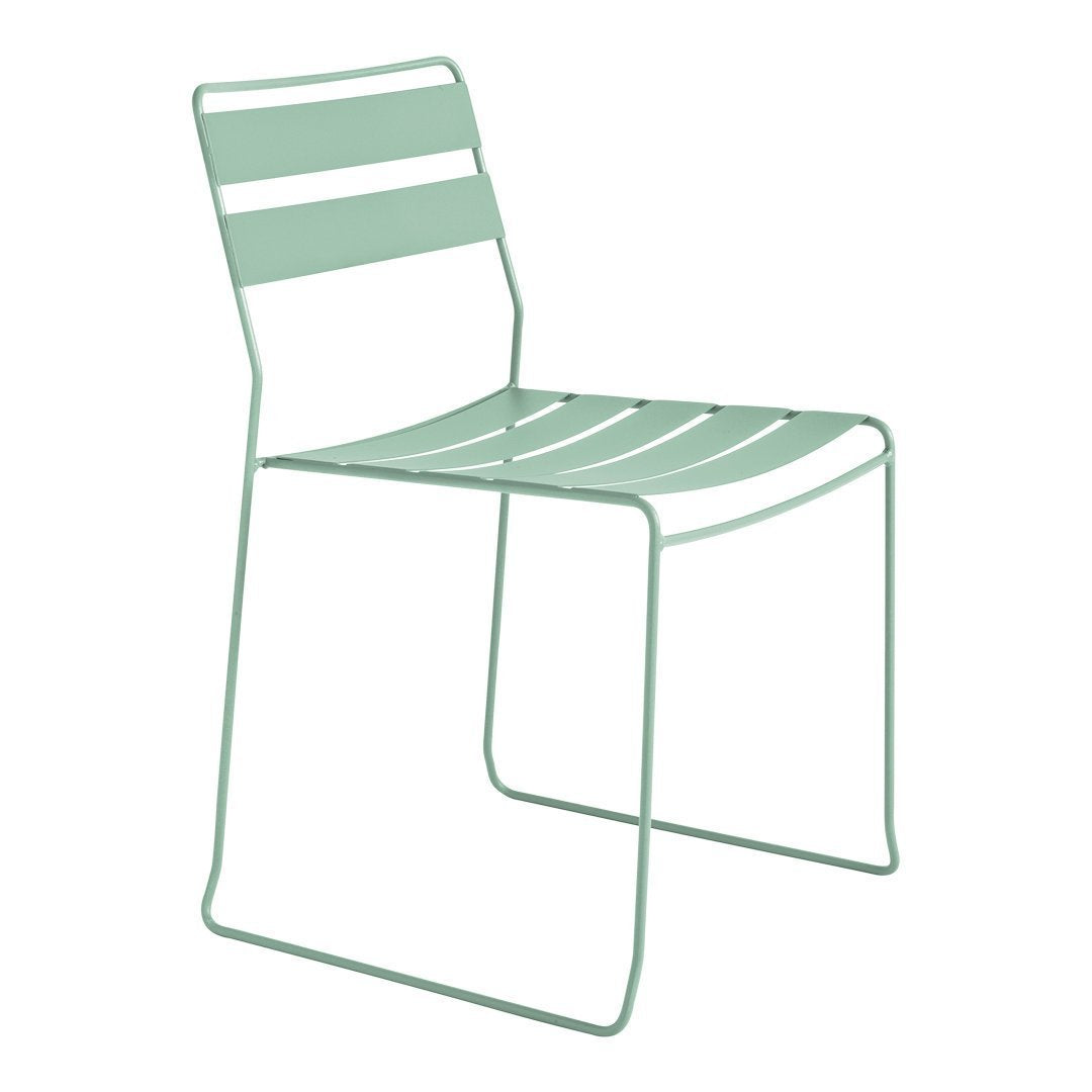 Mint green metal chair with modern striped design for a sleek, contemporary look. Perfect for indoor or outdoor use.