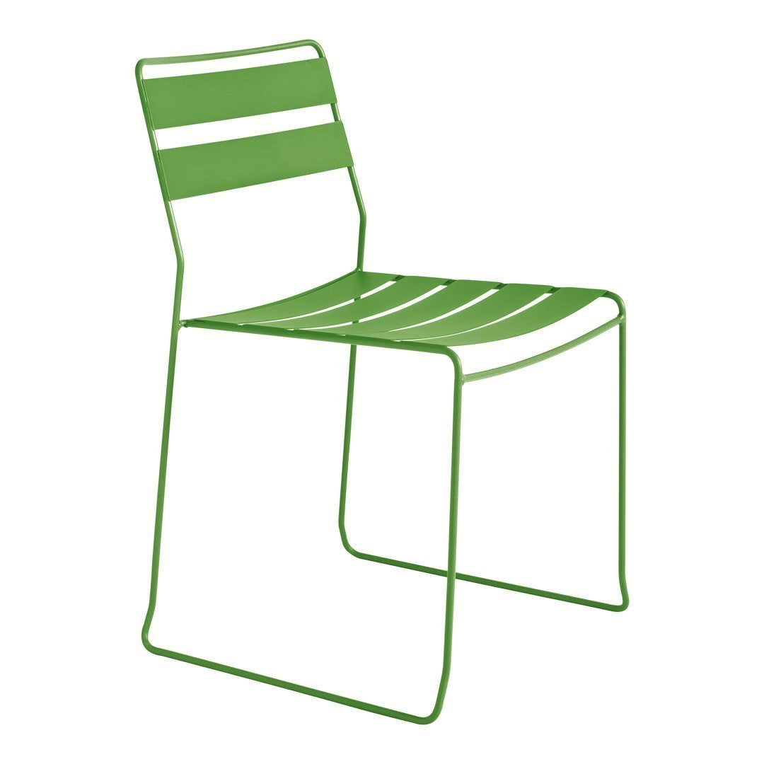 Green metal chair with horizontal stripes in a modern design, perfect for outdoor or indoor settings.