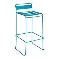 Teal metal bar stool with a modern slatted design, perfect for stylish indoor or outdoor spaces.