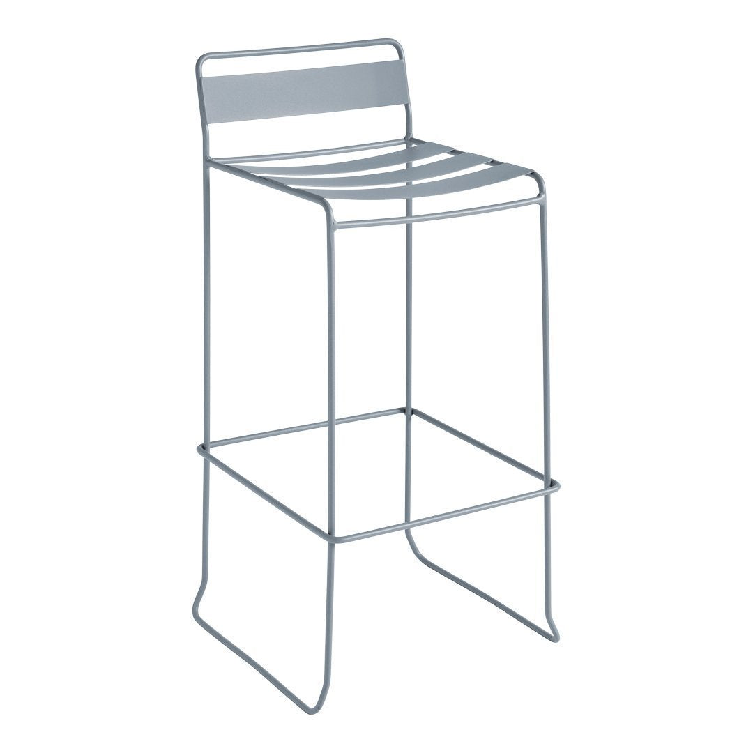Light gray metal bar stool with minimalist slatted design, perfect for modern decor.