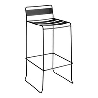 Black metal bar stool with sleek linear design and minimalistic striped seat pattern. Perfect for modern decor.