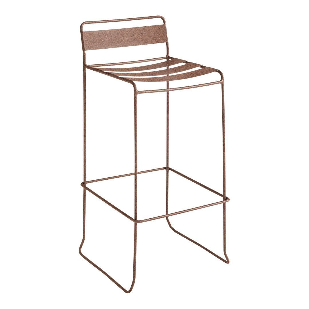 Brown metal bar stool with horizontal slatted seat and minimalist design, perfect for modern decor.