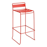Red metal bar stool with sleek, minimalist lines and a striped seat design. Perfect for modern decor.