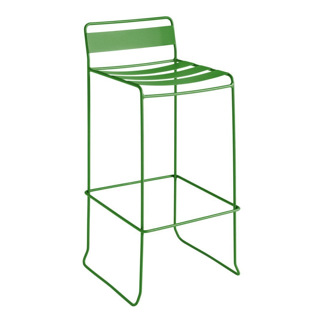 Green metal bar stool with a sleek, minimalist design and horizontal slat pattern. Ideal for modern spaces.