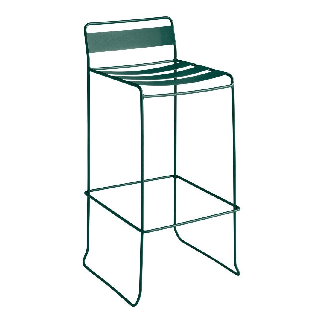 Green metal bar stool with sleek, horizontal slatted seat design and minimalist frame. Ideal for modern spaces.